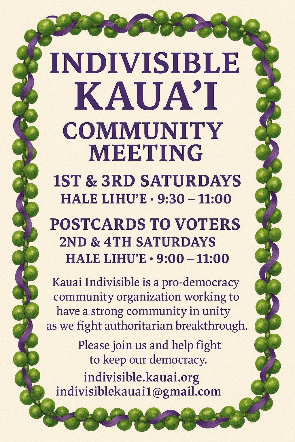 Indivisible Kaua'i community meeting schedule